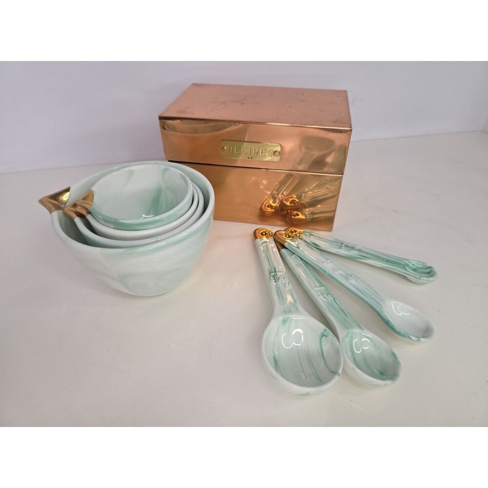 Anthropologie Marbled Ceramic Measure Cups Spoons + Vintage Copper Recipe Box